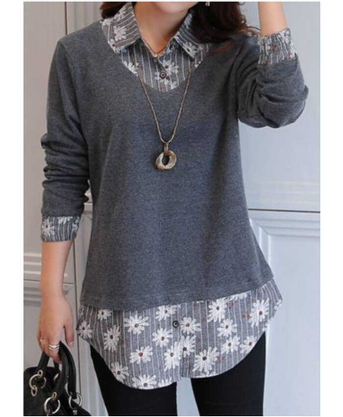 Turndown Collar Printed Faux Two Piece Blouse